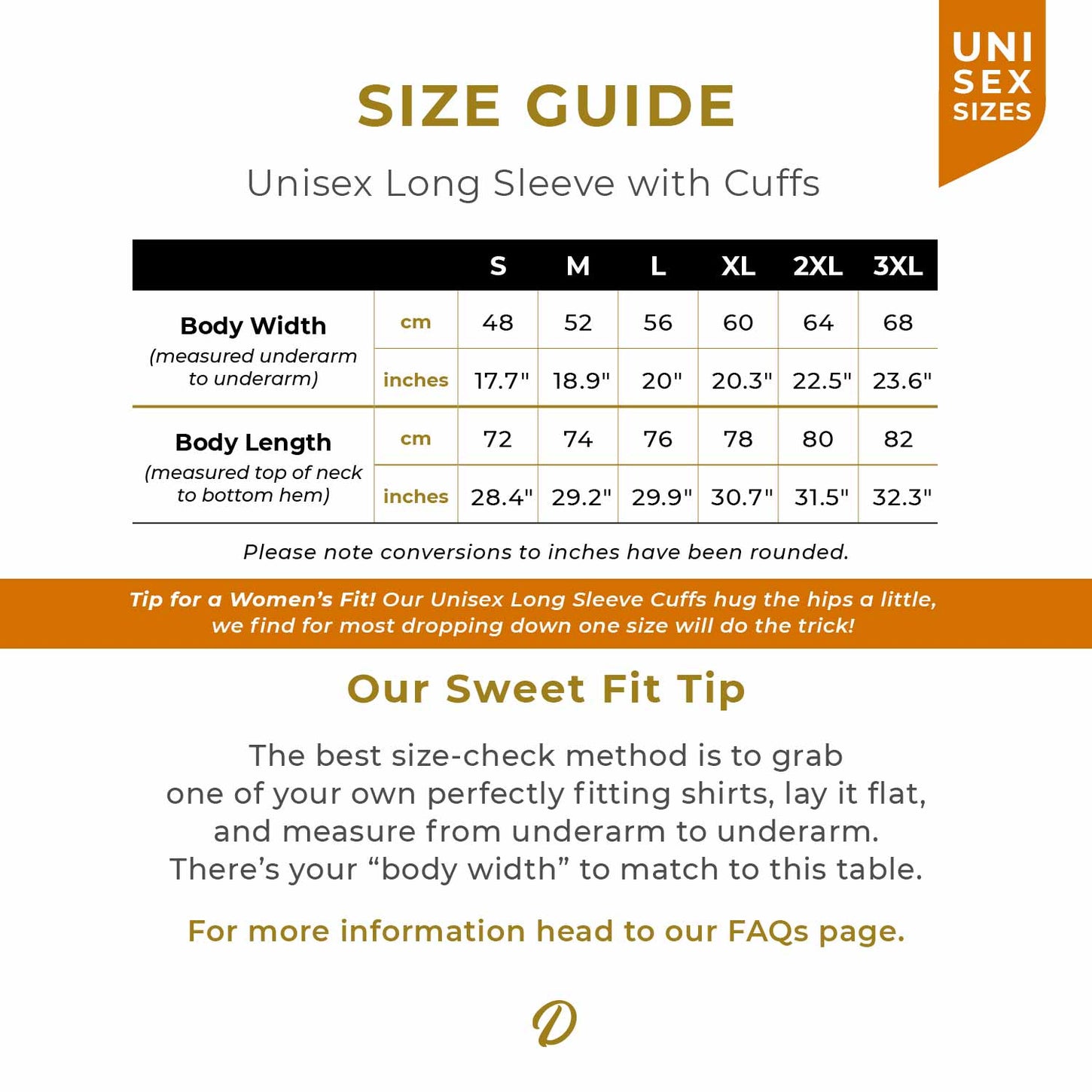 Size Guide for the Long Sleeve Unisex Tee with Cuffs